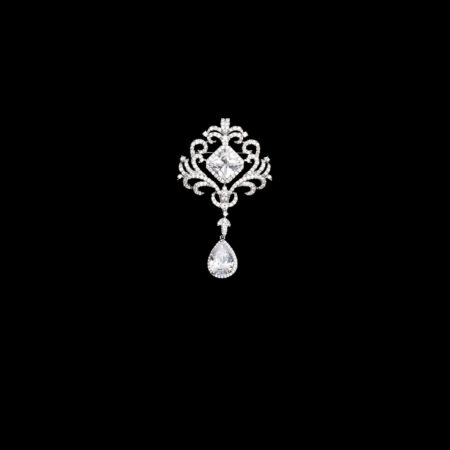 Ornamental Drop Pear Brooch - Rhodium White Gold, White Diamond