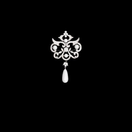 Leaf Baroque Drop Pearl Brooch - Rhodium White Gold, White Pearl