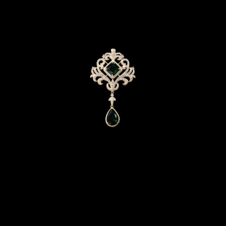 Ornamental Drop Pear Brooch - 18k Yellow Gold, Emerald