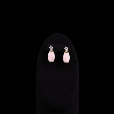 Tubular Jade Medium 10x14 mm with Round Solitaire Earrings - 18k Yellow Gold, Pink Jade