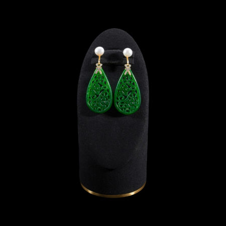 Carved Floral Teardrop Jade with Pearl Earrings - 18k Yellow Gold, Jade