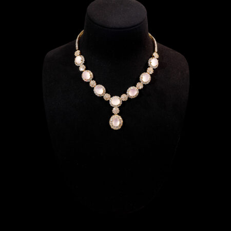 Superior Oval Jade Halo Mix Flower Necklace - 18k Yellow Gold, Pink Jade