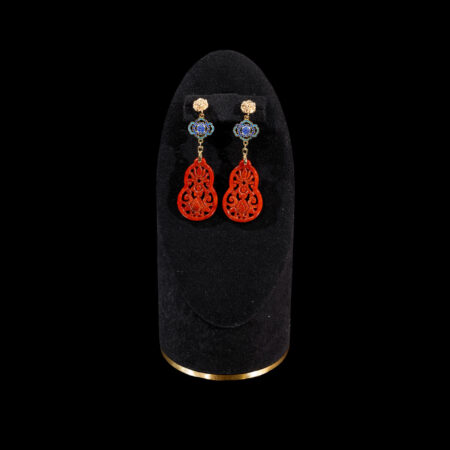 Carved Floral Gourd Jade Happiness Earrings - 18k Yellow Gold, Red Jade