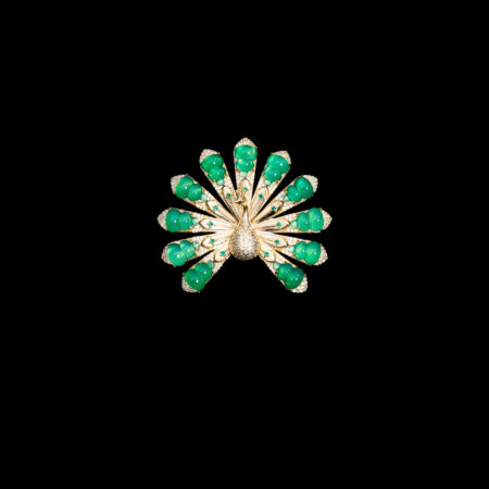 Elaborate Peacock Jade Art Brooch - 18k Yellow Gold, Jade