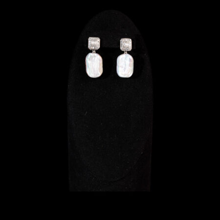 Double Rectangle Baroque Pearl Earrings - Rhodium White Gold, White Pearl