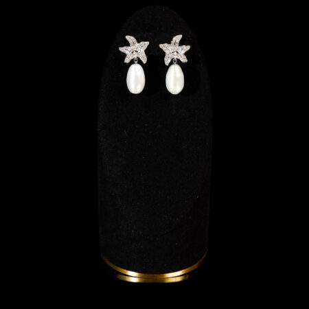Sea Star Teardrop Pearl Earrings - Rhodium White Gold, White Pearl