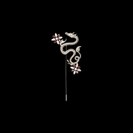 Classic Dragon Flower Marquise Lapel Pin - Rhodium White Gold, Ruby (Right)