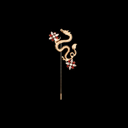 Classic Dragon Flower Marquise Lapel Pin - 18k Yellow Gold, Ruby (Right)