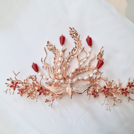 Fiery Phoenix Brooch or Hairvine - Gold, Ruby