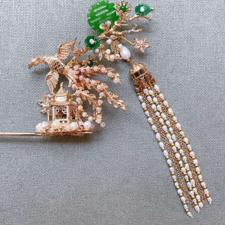 Flying Phoenix Jade Happiness Hairpin - Gold, Jade (Left)