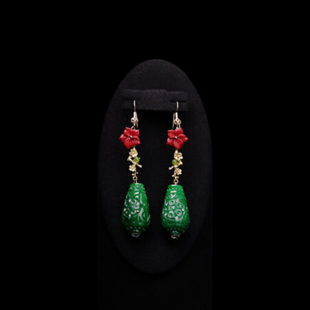 Red Floral Carved Pear Jade Earrings - Gold, Jade