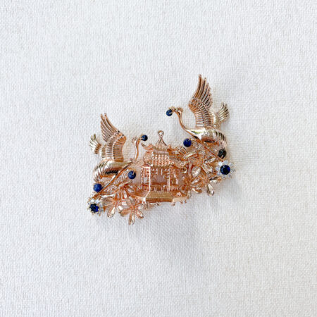 Flying Crane Bouquet Brooch - Gold, Sapphire