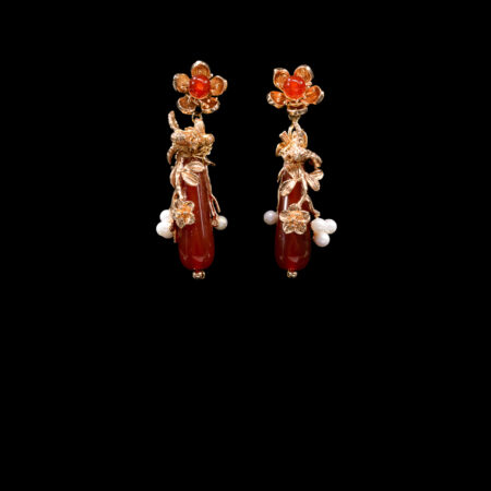 Pear Jade Branch Bird Earrings - Gold, Red Jade