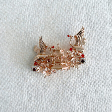 Flying Crane Bouquet Brooch - Gold, Ruby