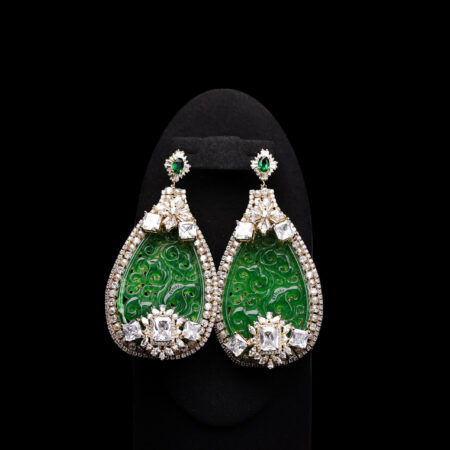 Antique Sparkle Carved Teardrop Large Jade Earrings - Gold, Jade