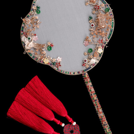 Jade Happiness Floral Scenery Fan - Gold