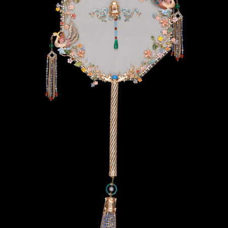 Colorful Double Phoenix Spring Garden Fan - Gold, Blue