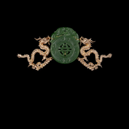 Twin Dragon Unique Jade Brooch - Gold, Jade