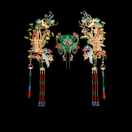 Colorful Jade Crane Ornamental Simple Set - Gold, Jade (3 pcs)