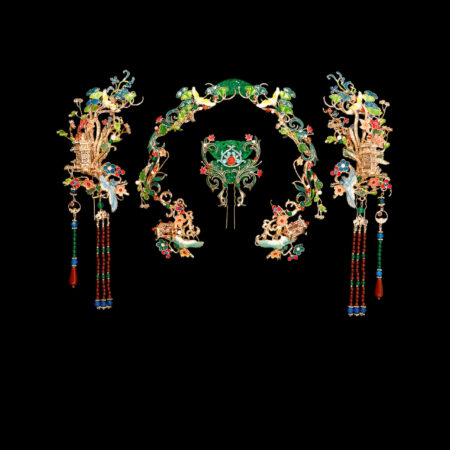 Colorful Jade Crane Ornamental Full Set - Gold, Jade (4 pcs)