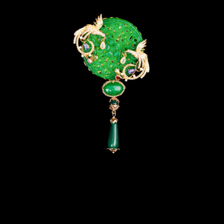 Carved Round Jade Bird Twin Brooch - Gold, Jade