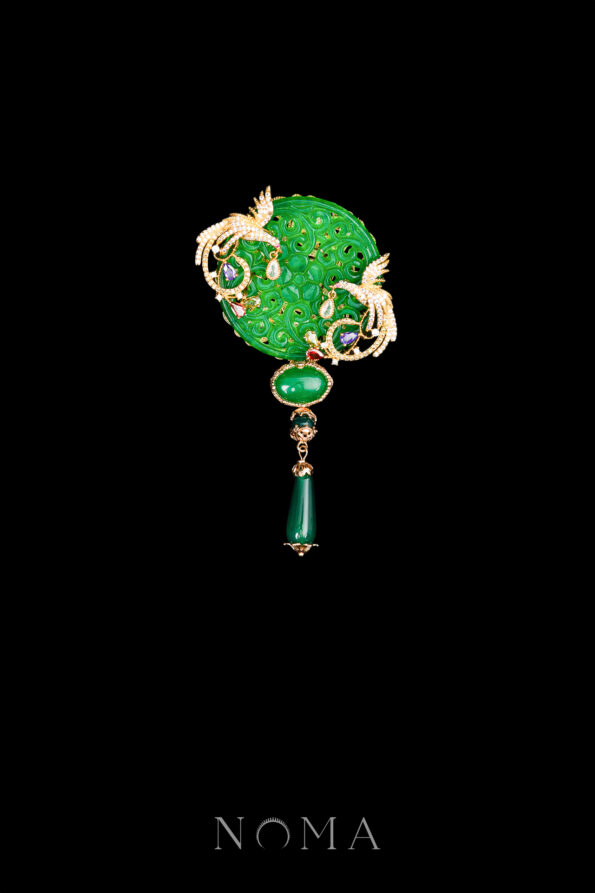 CHN-202400135-Carved-Round-Jade-Bird-Twin-Brooch-Gold-Jade