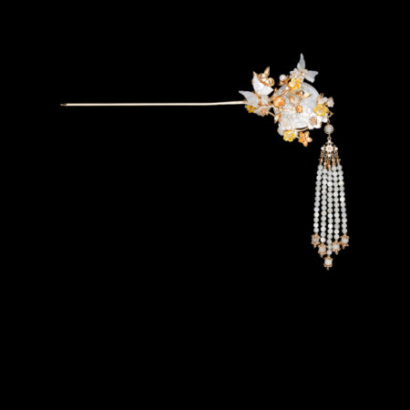 Golden Blossom Carved Round Shell Hairpin - Gold, Yellow