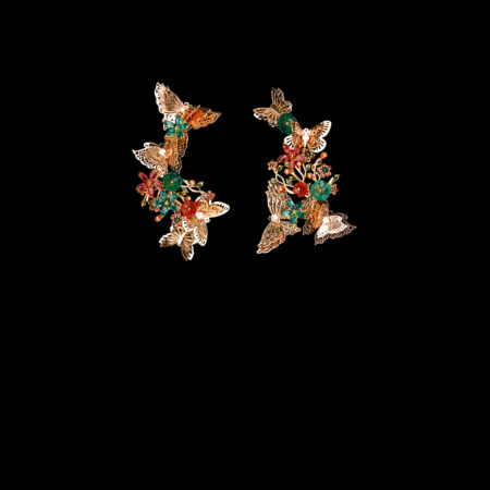 Butterflies on Floral Branch Side Hairvine Set - Gold, Green (2 pcs)