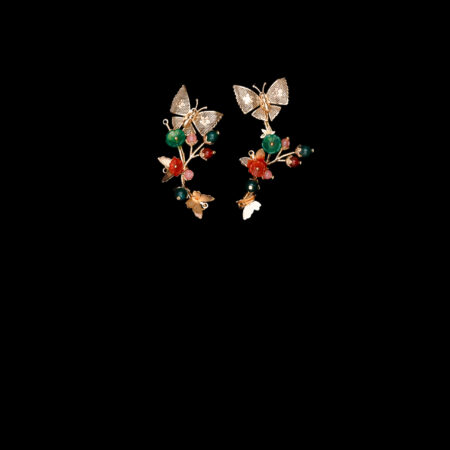 Butterflies on Tree Branch Side Hairvine Set - Gold, Green (2 pcs)