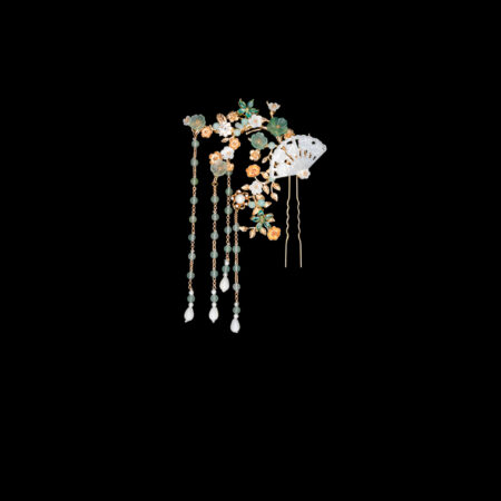 Carved Shell Floral Branch Hairpin - Gold, Light Jade