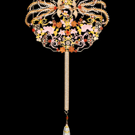 Colorful Phoenix Twin Lotus Ornament Fan - Gold