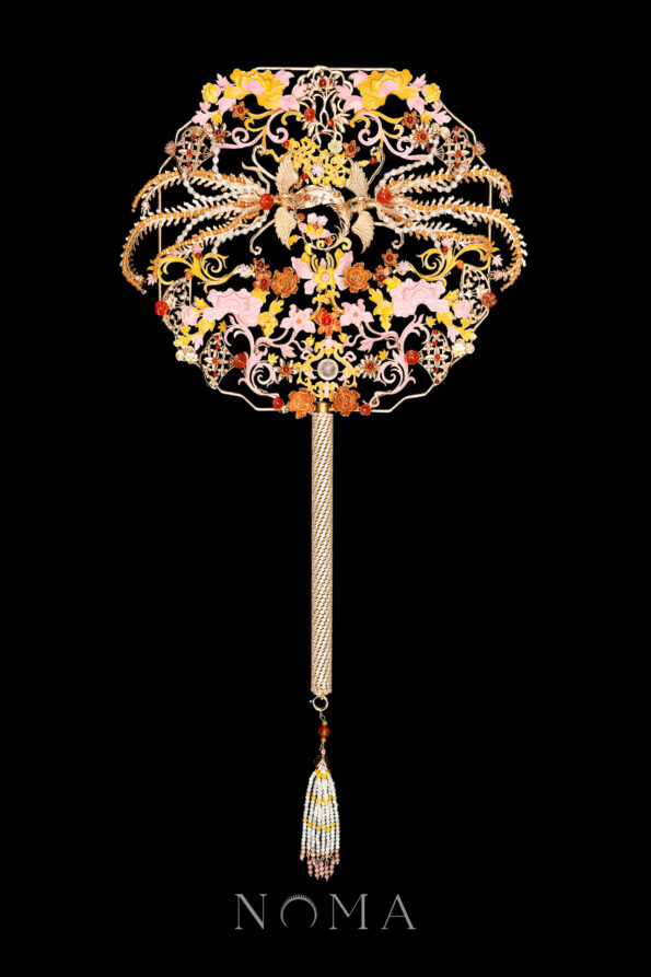 CHN-202400254-Colorful-Phoenix-Twin-Lotus-Ornament-Fan-Gold