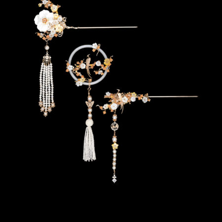 Bird on Petite Branch Set - Gold, White (3 pcs)