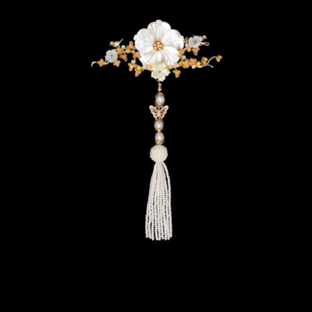 Bird on Petite Branch Flower Brooch - Gold, White