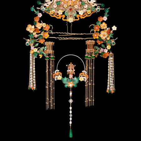 Colorful Crane Curved Branch Pagoda on Lotus Set - Gold (4 pcs)
