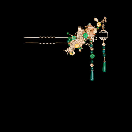 Crane Heaven Cloud Hairpin - Gold, Green (Left)