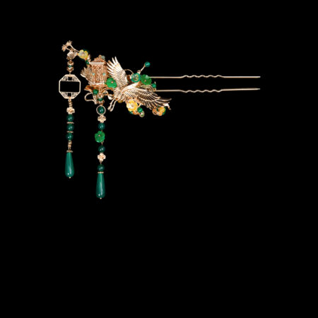Crane Heaven Cloud Hairpin - Gold, Green (Right)
