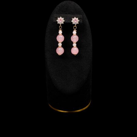 Round Paved Double Dangling Pumpkin Jade Earrings - Gold, Pink Jade