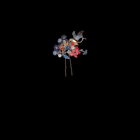 Colorful Crane Lotus Ornament Side Hairvine - Gold, Sapphire (Left)