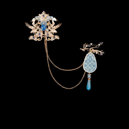 Crane Ornament Dangling Jade Chain Brooch - Gold, Blue Jade