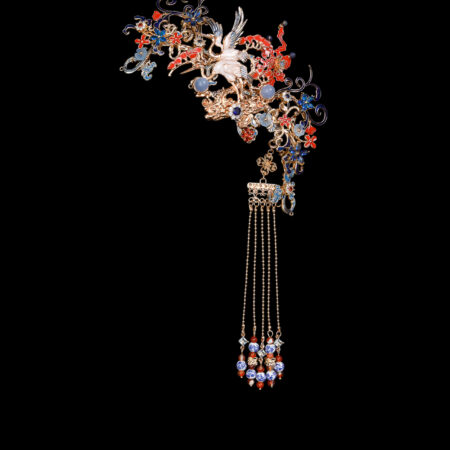 Colorful Crane Inspiration Side Hairvine - Gold, Sapphire (Right)
