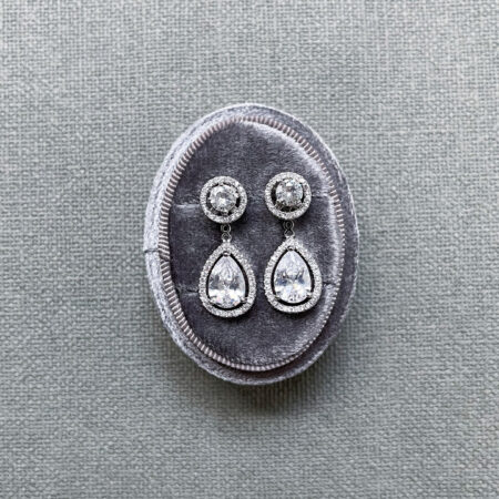DIY Round Top Pear Bottom Earrings Set - Rhodium White Gold, White Diamond (6 pcs)