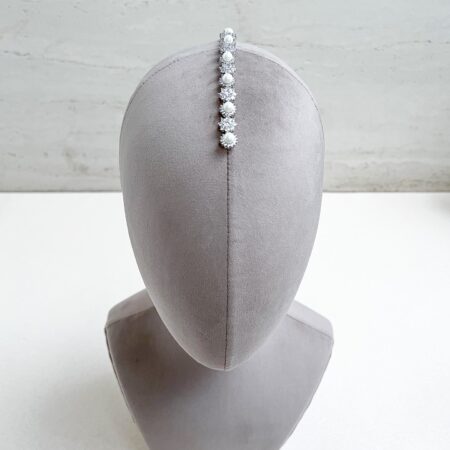 Pearl Halo Round Paved Partition Hairvine - Rhodium White Gold, White Pearl