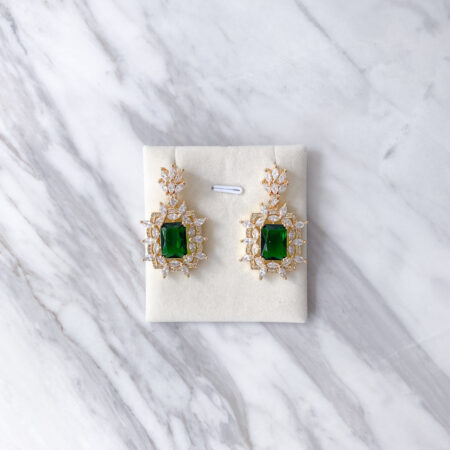 Large Vintage Elongated Cushion Earrings - 18k Yellow Gold, Emerald