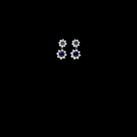 Round Paved Double Dot Earrings - Rhodium White Gold, Sapphire