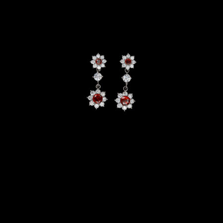 Round Paved Double Dot Round Earrings - Rhodium White Gold, Ruby