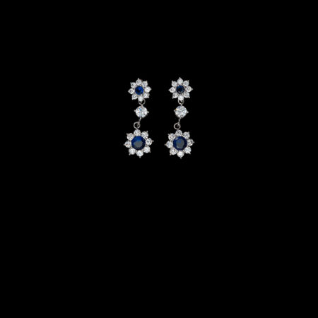Round Paved Double Dot Round Earrings - Rhodium White Gold, Sapphire