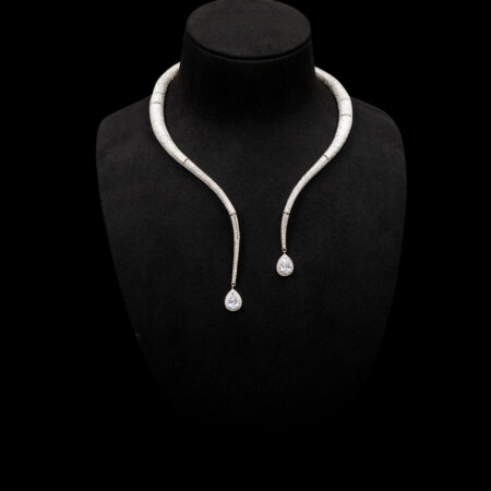 Curved Paved Necklace - Rhodium White Gold, White Diamond