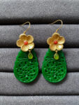 Carved Rounded Teardrop Small Jade Floral Earrings - 18k Yellow Gold, Jade