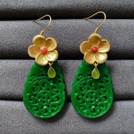 Carved Rounded Teardrop Small Jade Floral Earrings - 18k Yellow Gold, Jade